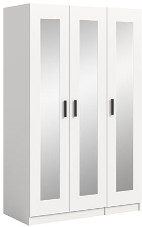 xonox.home – Kleiderschrank Visby 120x195x56 cm in Weiß – 3-türiger Schrank mit Spiegelfront & Kleiderstange – Elegantes Design mit 3 Spiegeltüren & vielseitiger Inneneinteilung für Ihre Kleidung