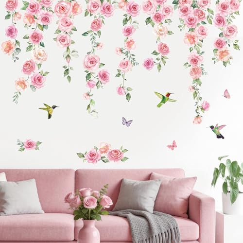 SHUCHING Wandtattoo Blumen Rosa | Wandsticker Rosenranken, Selbstklebende Wandaufkleber für Schlafzimmer Mädchen Wohnzimmer Tür