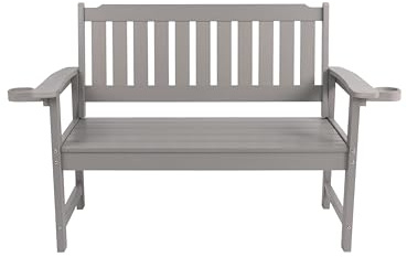 HIPS Outdoor Patio Bench with Cup Holders, 2-Person Weather Resistant Garden Bench (Light Grey)