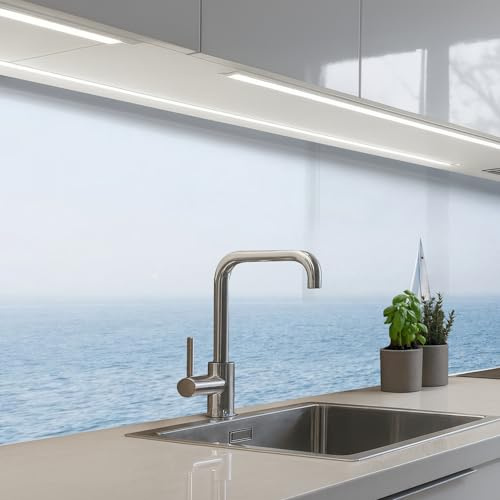 KitchenYeah© Spritzschutz Küche Küchen Rückwand Küchendeko Wand Wandschutz | 80x300 cm - Selbstklebend Backsplash Kitchen Peel And Stick Horizont - Segelboot - Meer