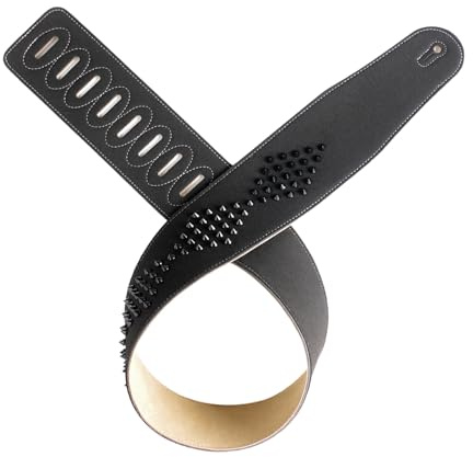 Punk Gitarrengurt aus Mikrofaser mit Nieten, breites 72-mm Design, Längenbereiche, inklusive praktischer Funktionen für Mikrofaser Zubehörgurt