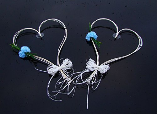 ROMANTISCHE Herzen Autoschmuck Auto Schmuck Braut Paar Rose Deko Dekoration Hochzeit Car Auto Wedding Deko (Blau)
