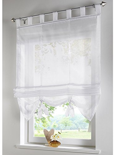 ANGEL BUD 1 Stück Voile Raffrollo mit Schlaufen - Transparent Einfarbig Tüll Vorhänge - Römischen Vorhang für Küche, Bad und Balkon - Weiß - 120x155cm