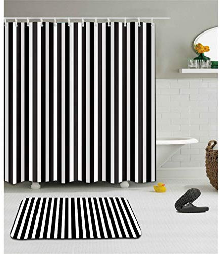 Nunubee Rideau de Douche Polyester 150 x 180 cm Imperméable et Anti-moisissure avec 12 Anneaux Crochets, Rayures de Croisement zèbre Noir et Blanc