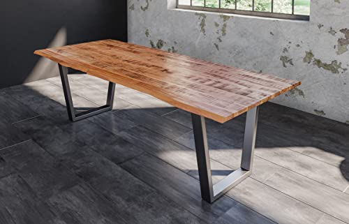 SAM Esstisch Dora 200 x 100 cm, Mangoholz massiv, lackiert & naturfarben, Baumkantentisch mit V-Metallgestell in Silber, echte Baumkante, 26 mm