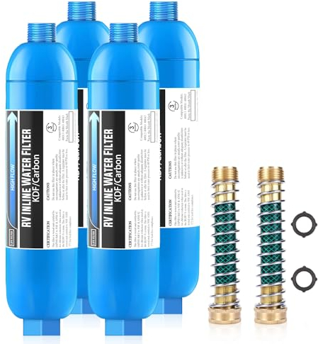 Lifefilter RV-Inline-Wasserfilter, NSF-zertifiziert, reduziert Chlor, schlechten Geschmack und Geruch, speziell für Wohnmobile und Marines, 4er-Pack Trinkfilter mit 2 flexiblen Schlauchschutzfolien