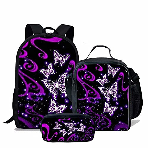 NETILGEN Galaxy Lila Schmetterling Muster Rucksack Beleidigt Lunchpaket Thermische Kinder Tragbare Bleistiftbeutel 3 Stück Für Frauen Kinder Jugendliche Mädchen Jungen Stifttaschen