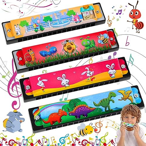 4 Stück Mundharmonika für Kinder, 16-Loch Kinder Harmonika, Farbe Mundharmonika Spielzeug, Verschiedene Bunte Cartoon-Muster-Designs, Sehr Geeignet für Anfänger, Kinder, Studenten