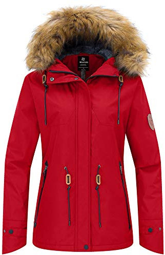 Wantdo Femme Veste de Ski Imperméable avec Capuche Fausse Fourrure Manteau d'hiver Chaud Veste de Snowboard Outdoor Veste Randonnée Travail Coupe-Vent Rouge XL
