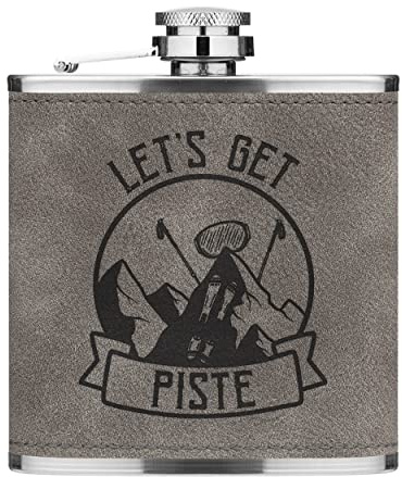 Let's Get Piste Pissed Skiing 6oz PU Leather Hip Flask Grey Luxe