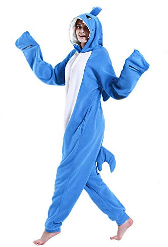 Dressfan Hai Kostüm Jumpsuit Pyjama Cosplay für Unisex Erwachsene Jugendliche Kinder - Weihnachten Halloween Schlafanzug - Dunkelblau, XXL