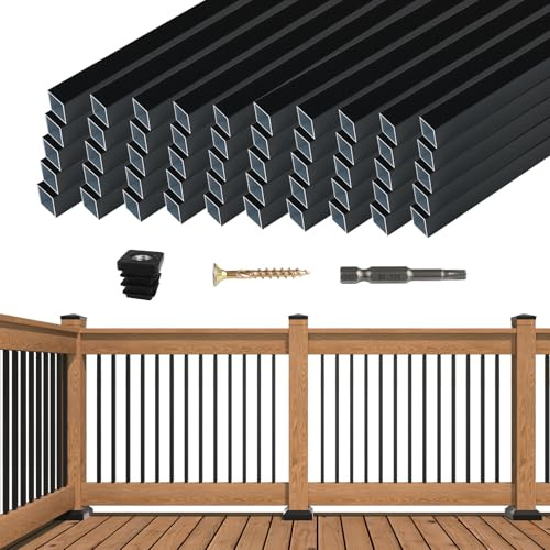Muzata 50Pack 36 Aluminum Deck Balusters Square Black Deck Railing Stair Porch Staircase Spindles 0.039 Diameter Hollow for Wood and Composite Deck, WT13