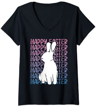 Damen Osterhasen-Umrisse, Pastellfarbe, Frohe Ostern T-Shirt mit V-Ausschnitt