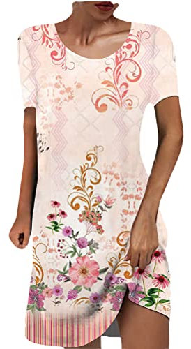 ORANDESIGNE Robe T-Shirt Femmes Décontractée Robe Tunique Ample Tops Robes Casual élégante Robes Courte Col en V Manches Courtes Imprimé Ethnique Rétro Mini Robe Printemps et Eté D Rose Clair XXL