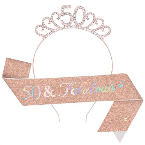 TOPWAYS 50. Geburtstag Mädchen Frauen Deko Schärpe und Tiara Kit, Geburtstag Geschenke Fabulous Sash & Headband Krone Geburtstag für 50 Geburtstag Deko Mädchen Frauen (50 Fabulous, Roségold)
