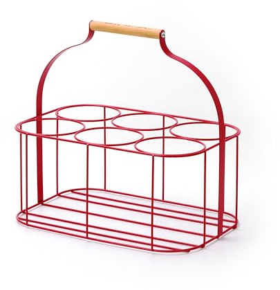simpa Colour Wire Metal Wine Beer Milk Beverage 6 Bottle Carrier Holder Caddy with Handle - Matt Red
