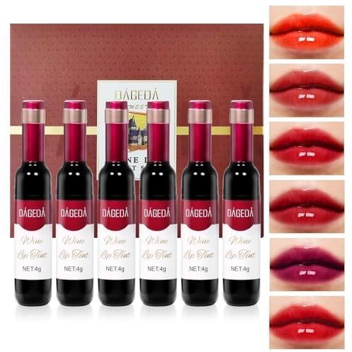 Prreal 6 Colors Wine Lip Tint Stain, Natural Lip Stain Long Lasting Waterproof,Moisturizing Red Lip Stain for Lip Makeup, Non-Stick Cup Liquid Wine Lip Tint Set
