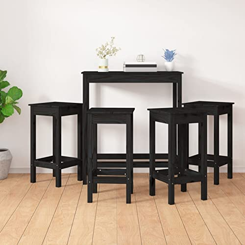 LAPOOH 5-TLG. Bar-Set, Bartisch Mit Barhocker Set, Hochtisch Mit Stühlen Set, Esstisch Mit Stühlen, Küchentheke Mit Hocker, Schwarz Massivholz Kiefer