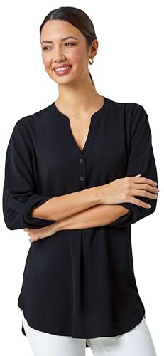 Roman Shirt for Women UK Ladies Top Collarless Blouse Stretchy Tunic Smart Casual Autumn Winter Jersey 3/4 Length Sleeve Notch V Neck Flattering Office Work - Size 20 - Black