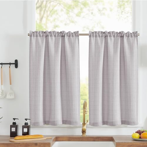 TOPICK Rideaux de Cuisine Gris Clair 70 x 60 cm, Rideau Brise-Bise Translucide à Passe Tringle, Voilage à Passe Tringle Moderne pour Evier Fenetre 2 PCs