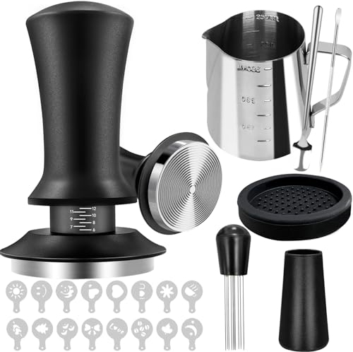Kaffee Tamper Set 51mm 22 Stück, Espresso-Barista Zubehor mit 51mm Kaffee Tamper und WDT Tool, Barista Tool mit Leak Proof Pad, Kaffeerührer, Schaumkanne, Latte Art Pen und 16 Kaffee-Schablonen