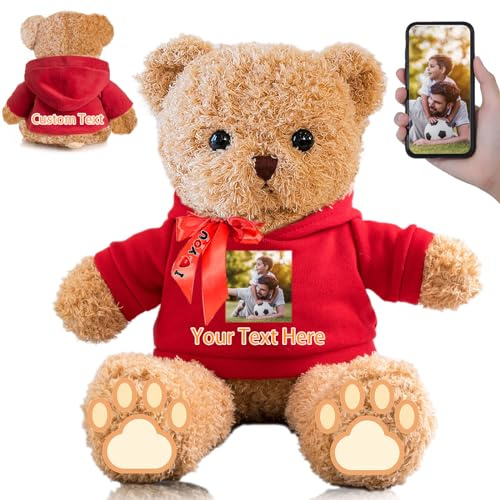 FAHOXUMR Personalisierte Geschenke Teddybär mit Schleife für Sie Ihn, Personalisierte Plüschtiere Bär mit Text+Foto als Besondere Geschenke für Valentinstag Weihnachten Geburtstag (30cm-Text+Foto)