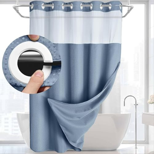 YellyHommy Rideau de douche sans crochet avec doublure à clipser – Rideau de douche moins gaufré pour salle de bain (bleu ciel, 221 x 182,9 cm (L x l)