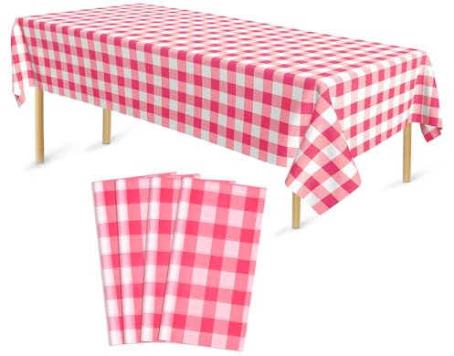 Bouiexye 4 Stück Einweg Tischdecken 137 x 274 cm Tischdecke aus Kunststoff Rosa und Weiß Kariert Rechteckige Tischabdeckung Gartentischdecke für Gastronomie Party Hochzeiten Grillen Picknick