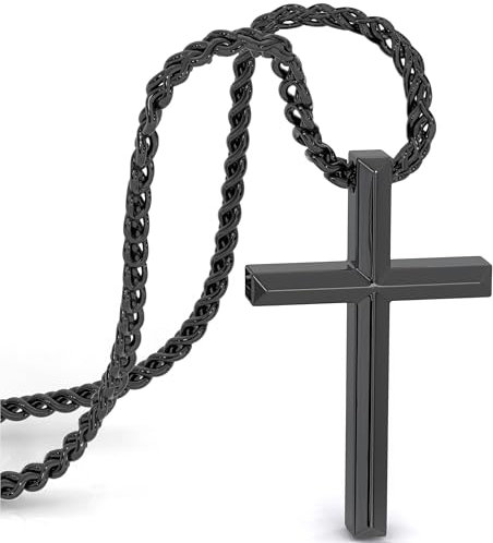 SERASAR Kette Herren Halskette mit Anhänger Edelstahl - 60cm Schwarz Schmuck Schachtel Geschenk für Männer Cross Necklace Men Jewelry Band Jesus Kreuz Weizen