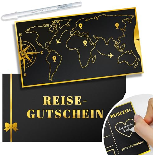 Reisegutschein Geschenk, Rubbelkarten zum Selber Beschriften - Bordkarte zum Beschriften, mit Rubbelaufkleber, Umschlag und Stift, Reise Geschenk Karte mit Goldlack als Urlaub Gutschein/Geschenkidee