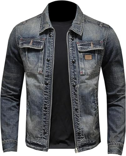 Juankrynord Herren-Jeansjacke mit Reißverschluss Vintage große Größe Stehkragen Reißverschlussjacke schmale Jeansjacke mit Stehkragen Klassische Jeans-Bikerjacke