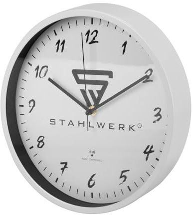 STAHLWERK Wanduhr 30 cm weiße Werkstattuhr | Funkuhr | Funkwanduhr | Bürouhr | Küchenuhr mit Aluminium-Gehäuse und RCC-Uhrwerk