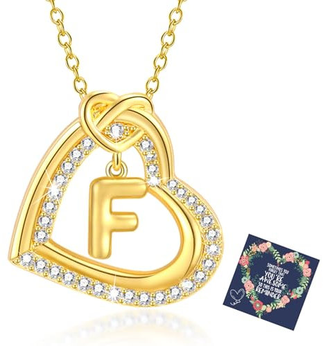Esmoly Kette Damen Silber Necklace Women Zirkonia Herz Anhänger Kette mit Buchstaben A-Z Halskette Damen Geschenke für Frauen Freundin 17.2+2 Inches (Gold F)