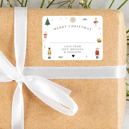 Personalised 18 x Merry Christmas from Family Christmas Sticker, Minimalistic Merry Christmas Labels Custom Name Present Gift Bag Tags (Nutcracker)