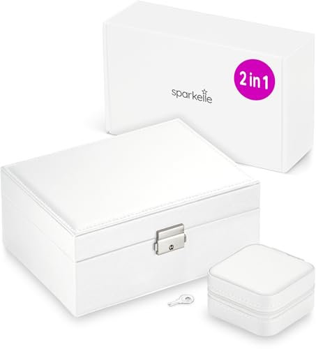 Sparkelle 2-in-1 Jewellery Box & Travel Jewellery Organiser Gift Set - White Faux Leather Jewellery Boxes for Women or Mens Jewellery Box