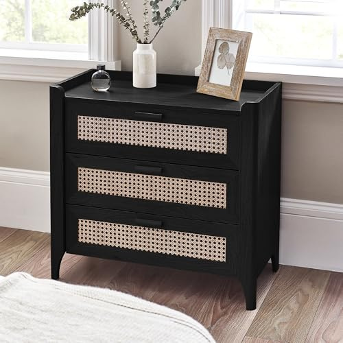 Julian Bowen Sydney Chest of Drawers, 3 Drawer, Black - H75 x W80 x D41cm | Faux Rattan Effect Sticker Front, Boho Drawer Storage Organiser, 3 Drawers, Dresser for Bedroom, Living Room & Hallway