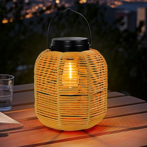 Solar Laterne Outdoor Balkon Deko: IP65 Wetterfest Laternen für Draußen mit Rattan Lampshade Metall Solarlampen für Außen Hängend/Stehend Retro & Boho Solar Tischlampe Outdoor Terrasse Rasen Hof