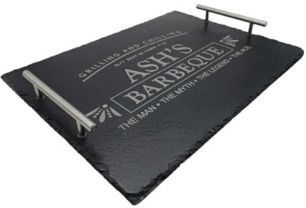 Personalised Slate BBQ Serving Tray with Metal Handles, Black, Engraved Design
