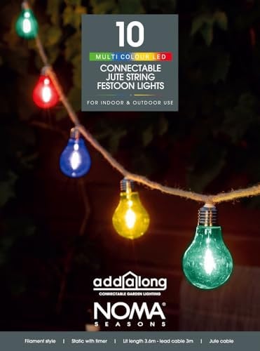 NOMA Connectable Jute Rope Festoon Garden Lights, 10 Multicolour LED's, 6.8 m