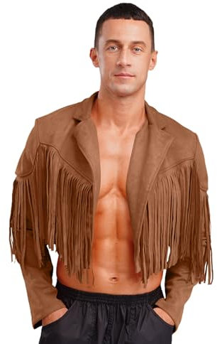 CHICTRY Men's Traditional Cowboy Western Leather Jacket Coat with Fringe Native American Jacket Brown M
