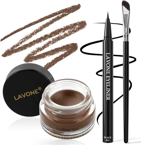 LAVONE Eyeliner - Kit de maquillage résistant à l'eau avec crayon eyeliner liquide, eyeliner en gel et pinceau angulaire. Résistant à l'eau, aux taches et de longue durée, marron foncé.