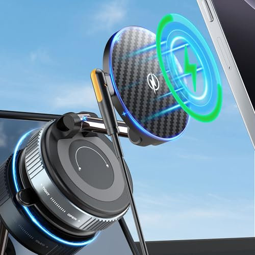 PlusAcc Vakuum Handyhalterung Auto mit Ladefunktion - Saugnapf 360° Drehbar Klappbar Magnetisch Handy Halter für Magsafe iPhone16/15/14/13/ Samsung S20-S25 an Windschutzscheibe/Armaturenbrett
