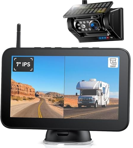 Magnetic Solar Wireless Reversing Camera Kit 7 1080P Monitor, 1 Min Installation, 9600mAh Rechargeable Battery, Loop Recording, IP69K Waterproof Rear View Camera for Trailer Van Motorhome
