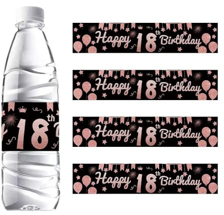 Happy 18th Birthday Water Bottle Stickers – 48pcs Waterproof Labels for Party Decorations Rose Gold & Black Theme Wraps for Boys or Girls, Fits Standard Size Soda Juice Bottles