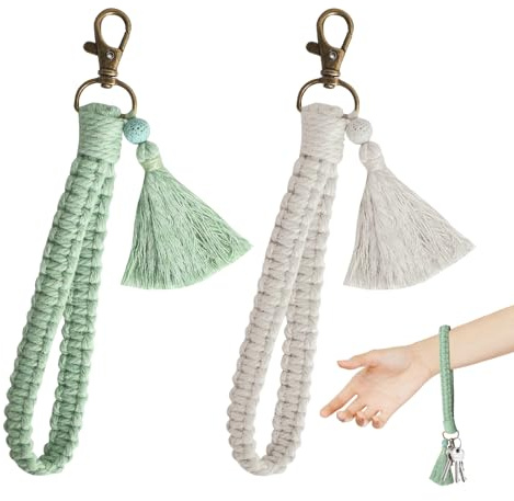 Kitnelw 2 Stück Makramee Schlüsselanhänger Damen Boho Geflochtener Schlüsselanhänger Handgelenk Schlüsselband Kurz Stoff