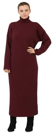 Ladies Knitted Maxi Dress Long Sleeve High Funnel Neck Pullover Jumper – Women’s Winter Warm Ribbed Long Dress, Soft Stretchy One Size Fit (UK 8–16)