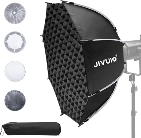 Jivuio Softbox octogonal de 90 cm, caja de luz Bowens de liberación rápida con rejilla de panal y difusores, modificador de luz parabólica profunda portátil para Godox Aputure Amaran COB Video Light