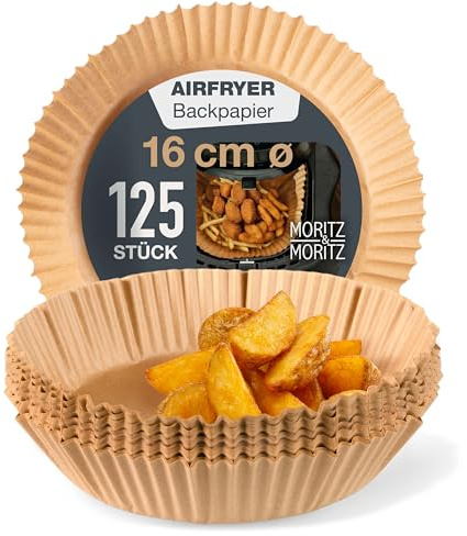 Moritz & Moritz Airfryer-Backpapier rund Ø 16 cm, 125 Einlagen | Für kompakte Heißluftfritteusen mit 2 bis 4,5 Litern, oben ca. 20,5 cm, 4,5 cm Rand, antihaft bis 220 °C, mit Box
