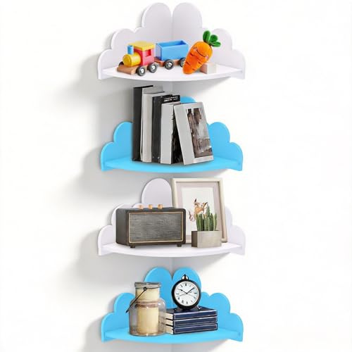Deuson 4 Stück Schwebende Eckregal Hängend,Wolkenregal mit Schrauben,Wolken Regal Kinderzimmer,Wandregal Kinderzimmer,für Wohnzimmer,Babyzimmer,Badezimmer,Büro,Wohnung(weiß + blau,4)
