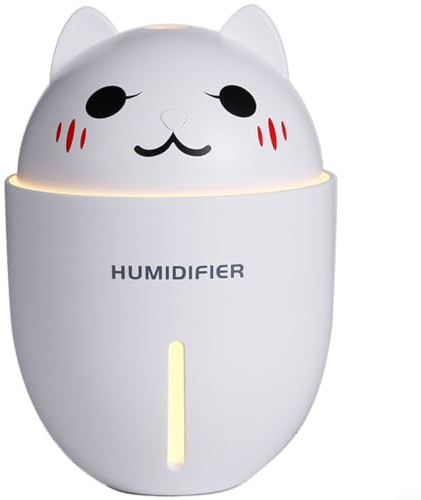 ZiStarlilife Luftbefeuchter mit niedlicher Katze, USB-Desktop-Luftbefeuchter mit Nachtlicht, leiser Betrieb, 320 ml Tank, verstellbare Nebelmodi für Schlafzimmer, Büro, Reisen, Weiß, 1 Stück
